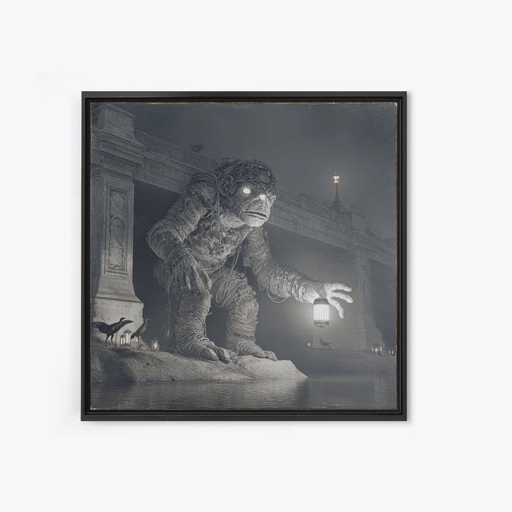 The Bridge Troll At Midnight, Biomechanical Horror Art, Square Wall Art, Dark Halloween Decor, Canvas Print, Halloween Wall Art