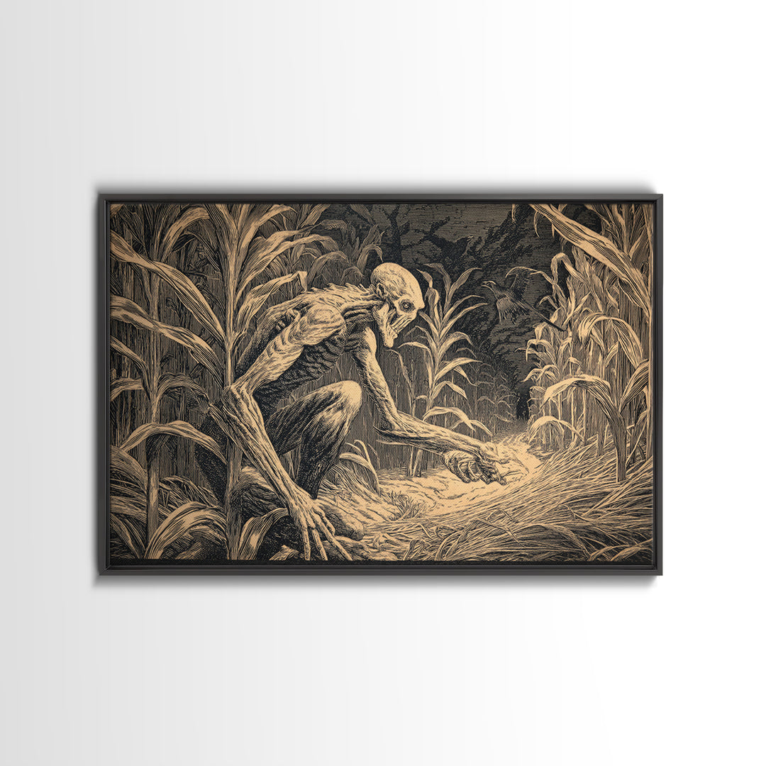 The Cornfield Crawler, Architectural Etching Art, Landscape Wall Art, Dark Fantasy Wall Art, Framed Canvas Print
