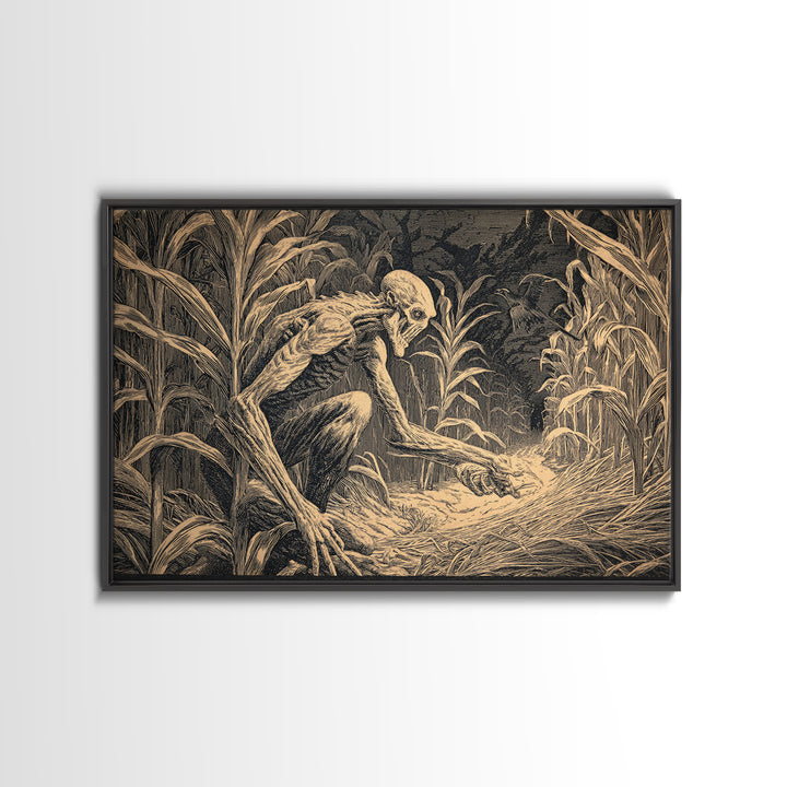 The Cornfield Crawler, Architectural Etching Art, Landscape Wall Art, Dark Fantasy Wall Art, Framed Canvas Print