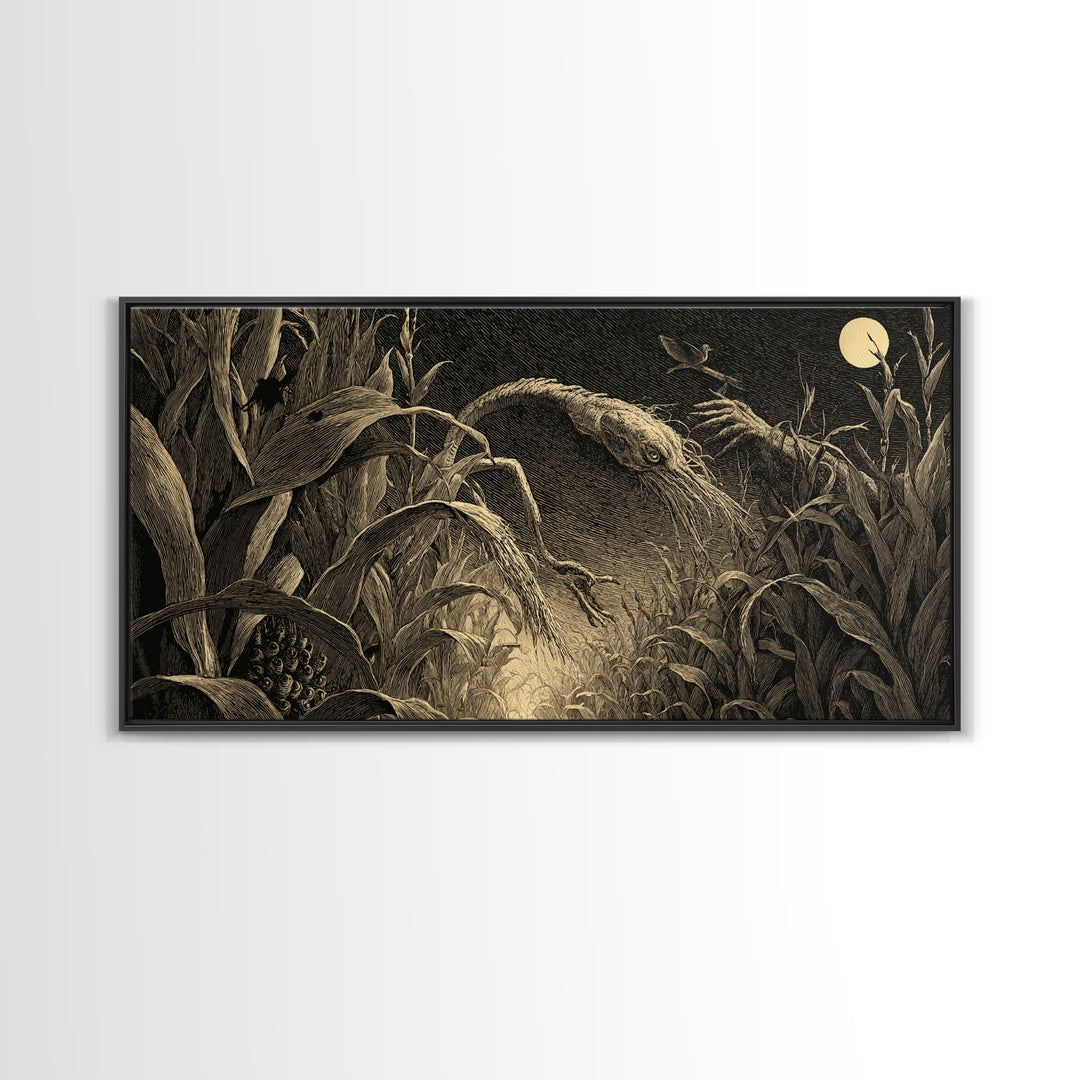 The Cornfield Crawler, Expressionist Nightmare Art, Wide Panoramic Art, Dark Fantasy Wall Art, Canvas Print, Halloween Wall Art