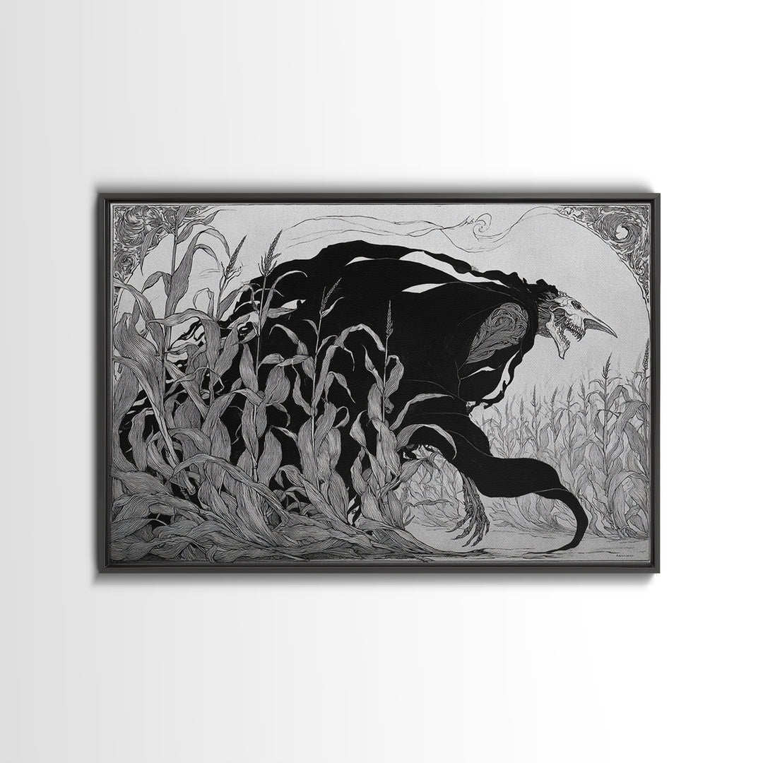 The Cornfield Crawler, Decadent Line Art, Landscape Wall Art, Dark Halloween Decor, Canvas Print, Halloween Wall Art