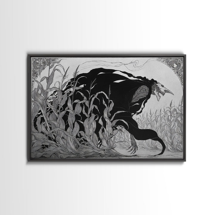 The Cornfield Crawler, Decadent Line Art, Landscape Wall Art, Dark Halloween Decor, Canvas Print, Halloween Wall Art