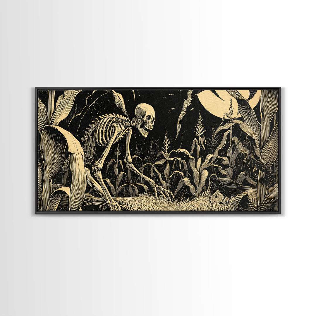 The Cornfield Crawler, Macabre Folk Print Art, Wide Panoramic Art, Dark Fantasy Wall Art, Framed Canvas Print, Gothic Home Decor