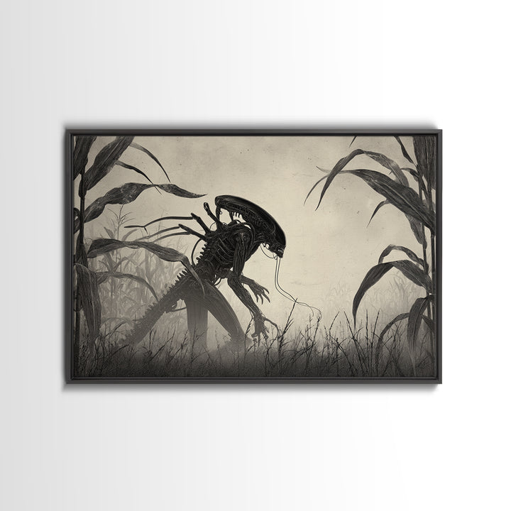 The Cornfield Crawler, Biomechanical Horror Art, Landscape Wall Art, Macabre Wall Art, Canvas Print, Halloween Wall Art, Spooky Wall Decor