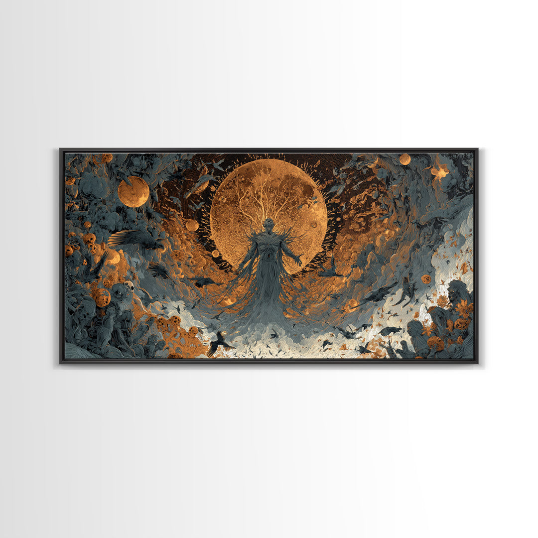 The Harvest Demon, Apocalyptic Romantic Art, Wide Panoramic Art, Macabre Wall Art, Framed Canvas Print, Halloween Wall Art