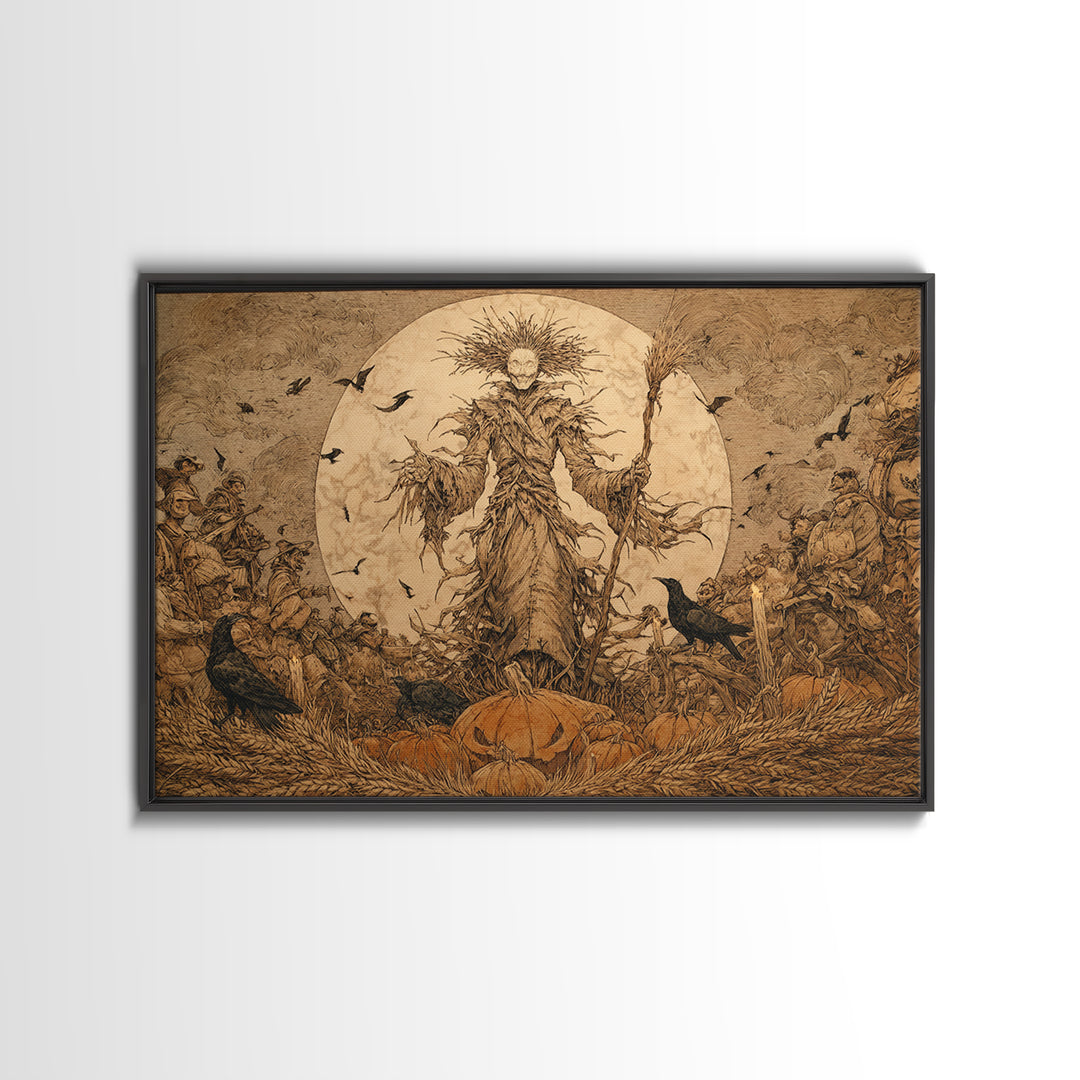The Harvest Demon, Gothic Storybook Art, Landscape Wall Art, Dark Halloween Decor, Framed Canvas Print, Halloween Wall Art