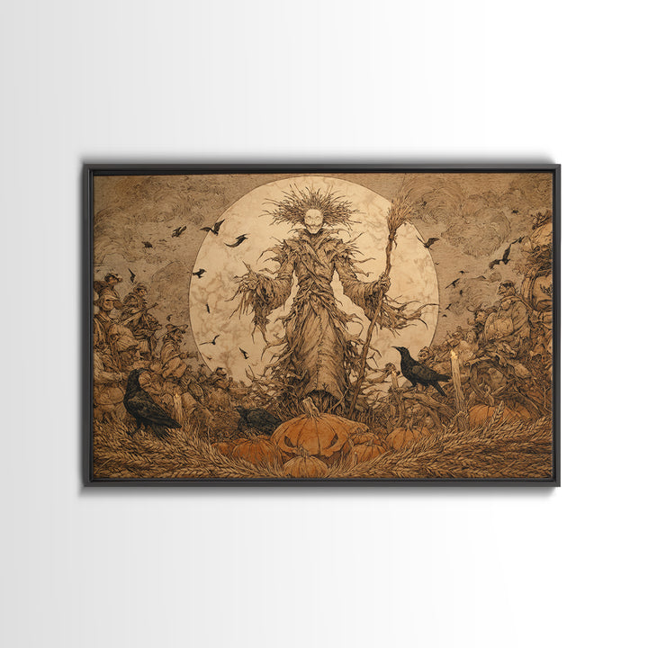 The Harvest Demon, Gothic Storybook Art, Landscape Wall Art, Dark Halloween Decor, Framed Canvas Print, Halloween Wall Art