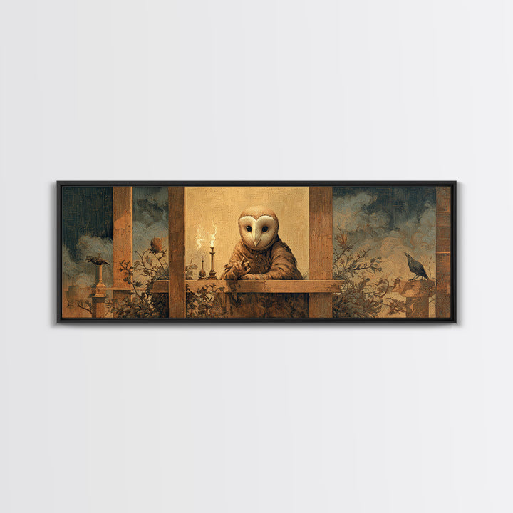The Owl-Faced Omen, Medieval Grotesque Art, Extra Wide Wall Art, Dark Halloween Decor, Canvas Print, Halloween Wall Art