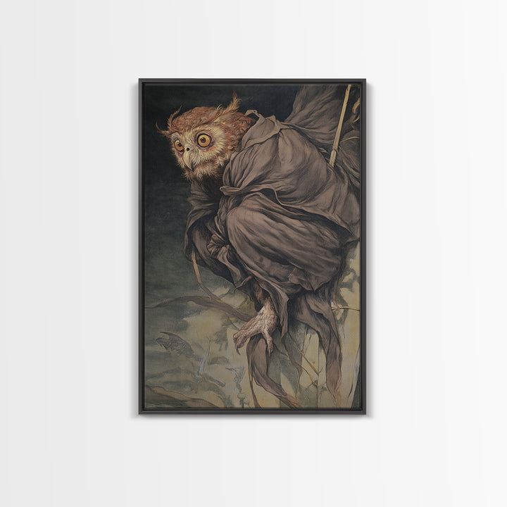 The Owl-Faced Omen, Dark Renaissance Art, Vertical Wall Art, Dark Halloween Decor, Framed Canvas Print, Halloween Wall Art