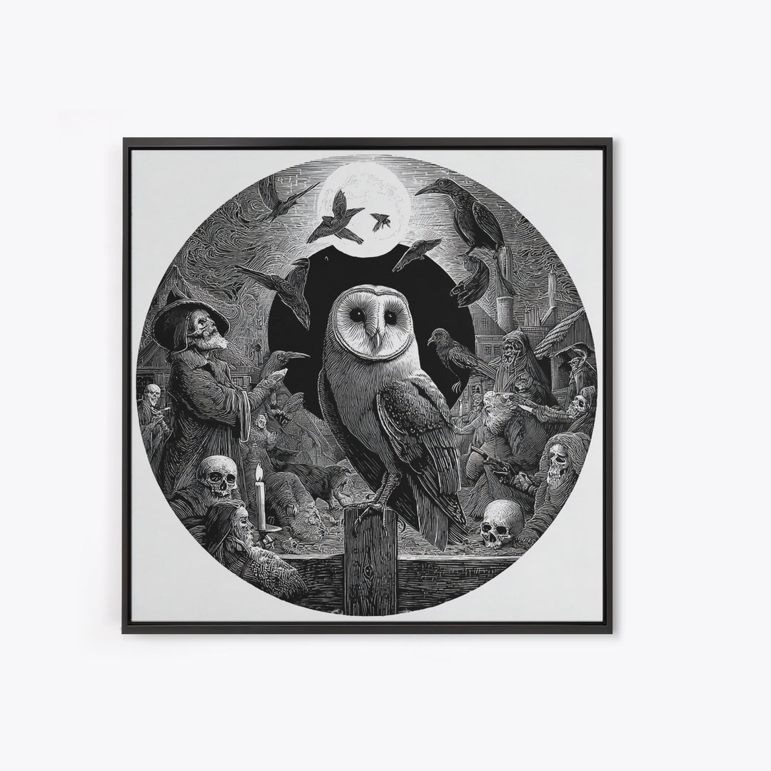 The Owl-Faced Omen, Danse Macabre Art, Square Wall Art, Macabre Wall Art, Framed Canvas Print, Halloween Wall Art