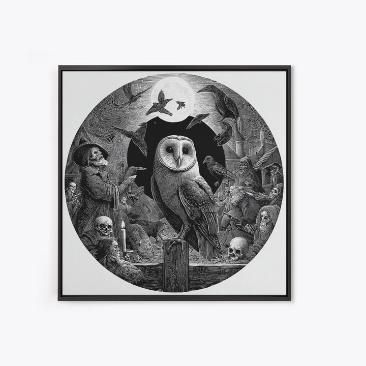 The Owl-Faced Omen, Danse Macabre Art, Square Wall Art, Macabre Wall Art, Framed Canvas Print, Halloween Wall Art