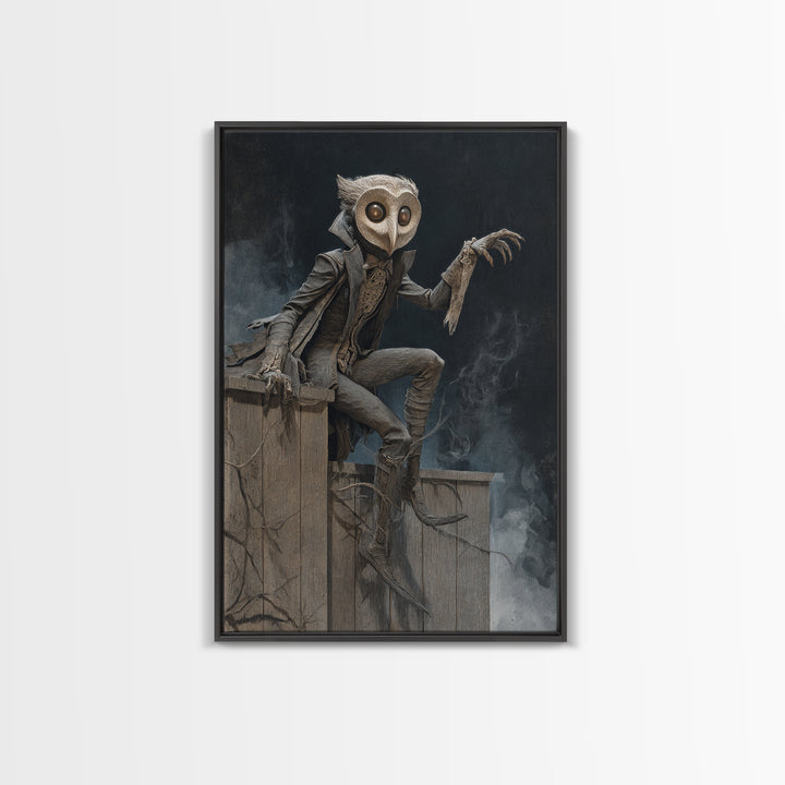 The Owl-Faced Omen, Gothic Nightmare Art, Vertical Wall Art, Dark Halloween Decor, Framed Canvas Print, Halloween Wall Art