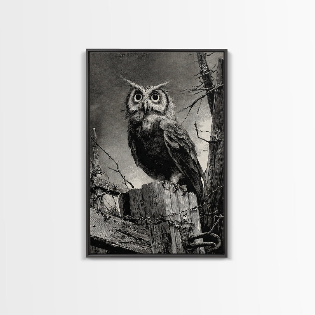 The Owl-Faced Omen, Decadent Gothic Art, Vertical Wall Art, Dark Fantasy Wall Art, Framed Canvas Print, Halloween Wall Art