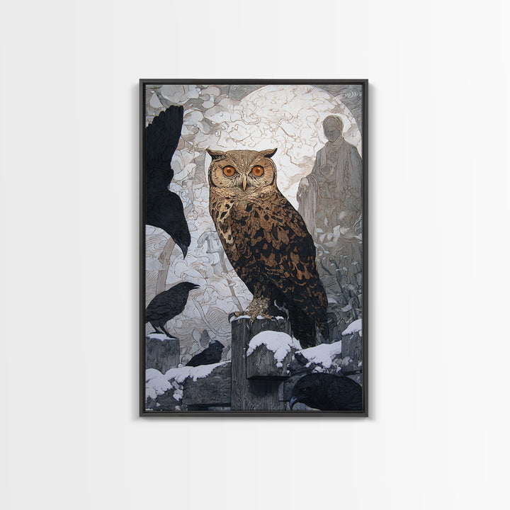 The Owl-Faced Omen, Symbolist Death Art, Vertical Wall Art, Dark Halloween Decor, Canvas Print, Halloween Wall Art