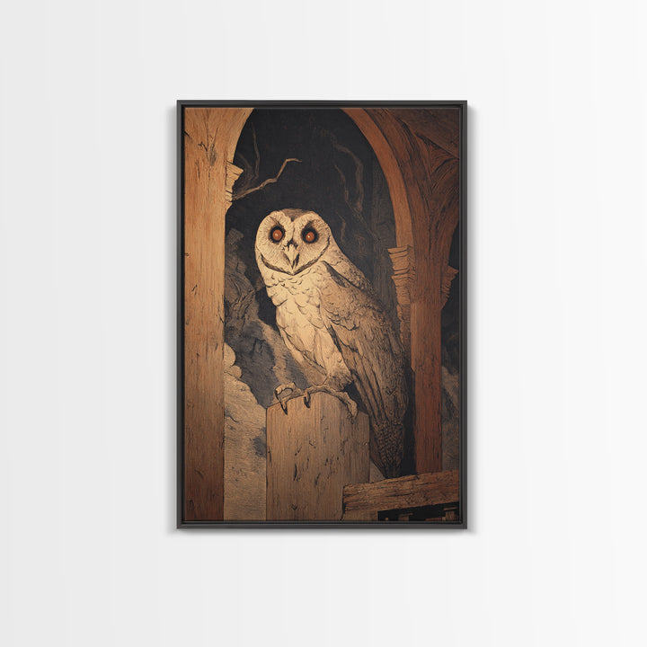 The Owl-Faced Omen, Symbolist Etching Art, Vertical Wall Art, Gothic Horror Wall Art, Canvas Print, Halloween Wall Art, Gothic Home Decor