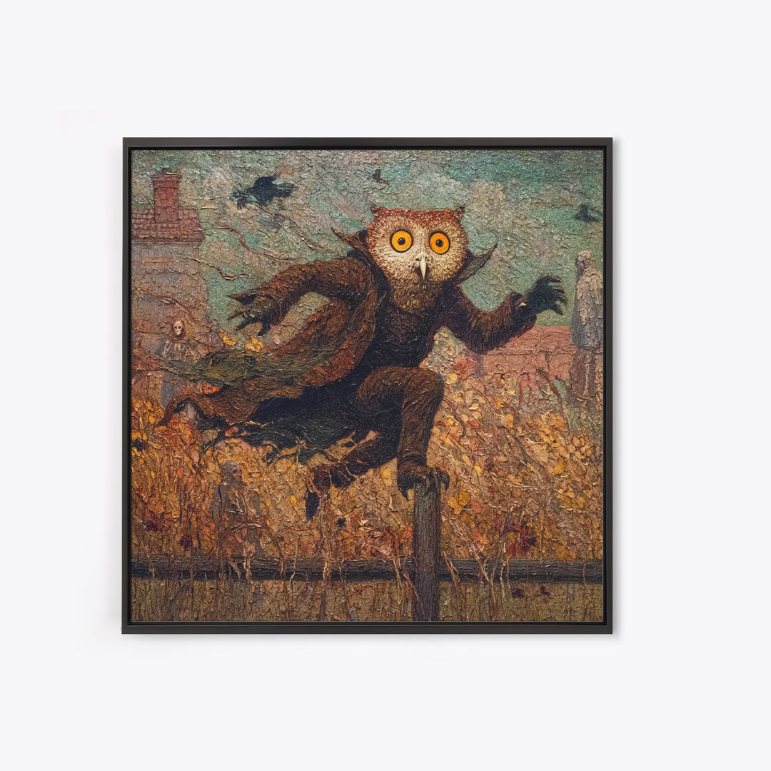 The Owl-Faced Omen, Grotesque Carnival Art, Square Wall Art, Macabre Wall Art, Framed Canvas Print, Halloween Wall Art, Spooky Wall Decor