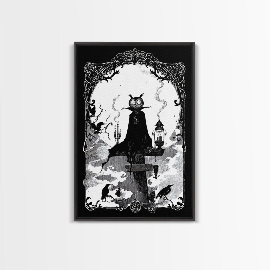 The Owl-Faced Omen, Decadent Line Art, Vertical Wall Art, Gothic Horror Wall Art, Canvas Print, Halloween Wall Art