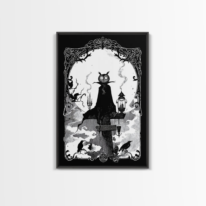 The Owl-Faced Omen, Decadent Line Art, Vertical Wall Art, Gothic Horror Wall Art, Canvas Print, Halloween Wall Art