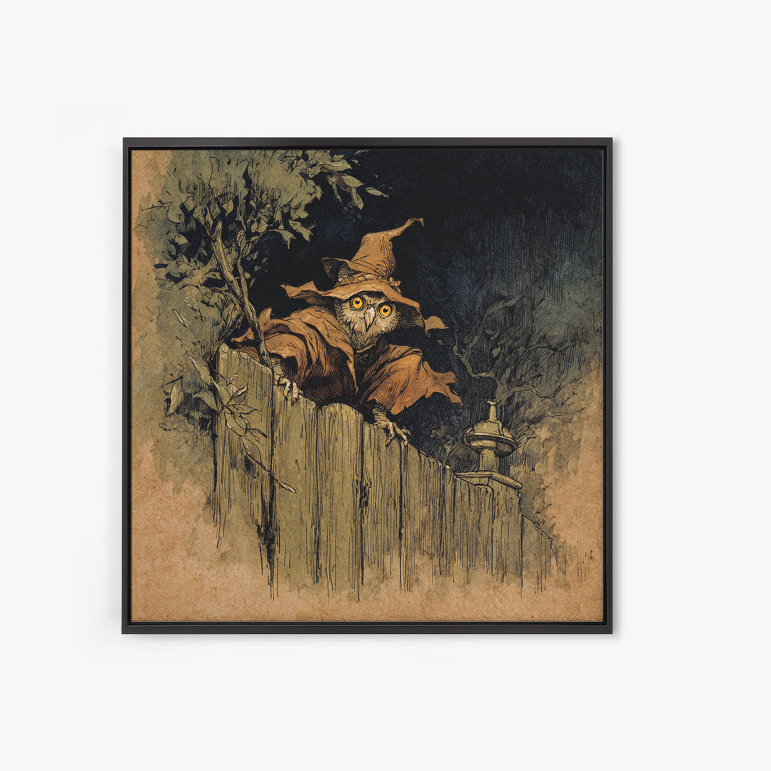 The Owl-Faced Omen, Gothic Storybook Art, Square Wall Art, Dark Halloween Decor, Framed Canvas Print, Halloween Wall Art