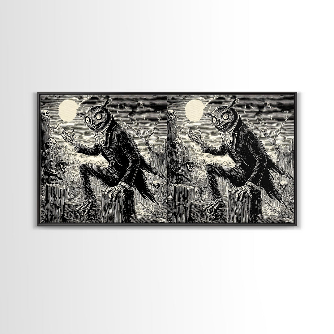 The Owl-Faced Omen, Macabre Folk Print Art, Wide Panoramic Art, Gothic Horror Wall Art, Canvas Print, Halloween Wall Art