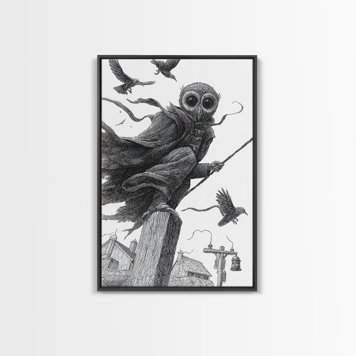 The Owl-Faced Omen, Victorian Macabre Art, Vertical Wall Art, Dark Halloween Decor, Framed Canvas Print, Halloween Wall Art