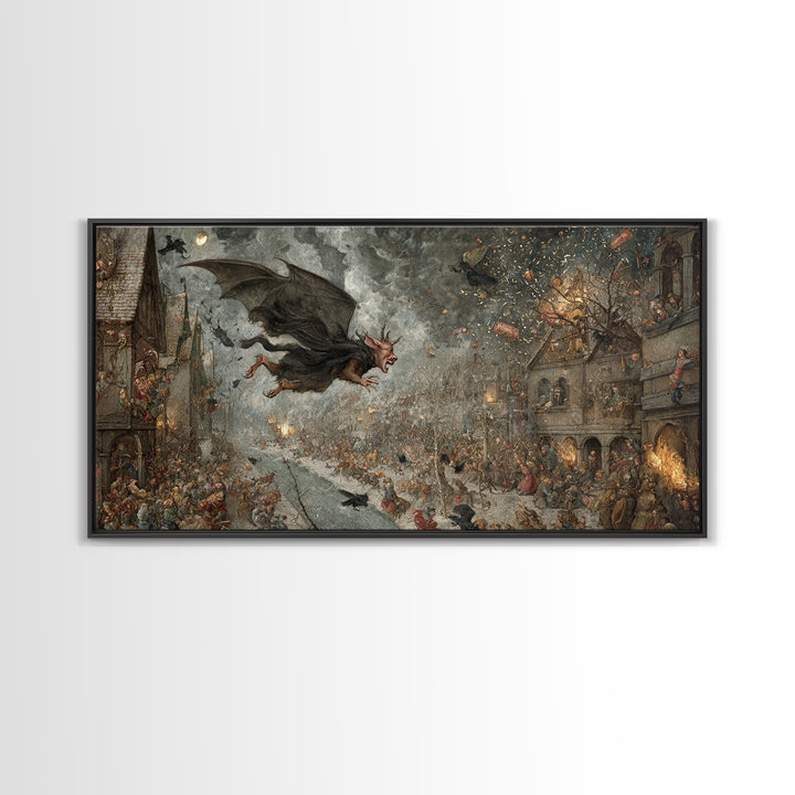 The Bat-Winged Imp, Northern Renaissance Horror, Wide Panoramic Art, Macabre Wall Art, Framed Canvas Print, Halloween Wall Art