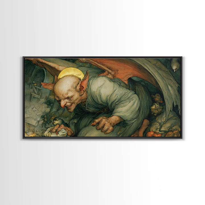 The Bat-Winged Imp, Dark Renaissance Art, Wide Panoramic Art, Macabre Wall Art, Canvas Print, Halloween Wall Art