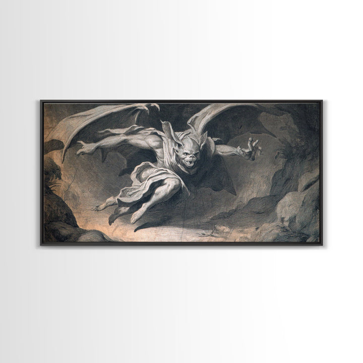 The Bat-Winged Imp, Gothic Nightmare Art, Wide Panoramic Art, Macabre Wall Art, Framed Canvas Print, Halloween Wall Art