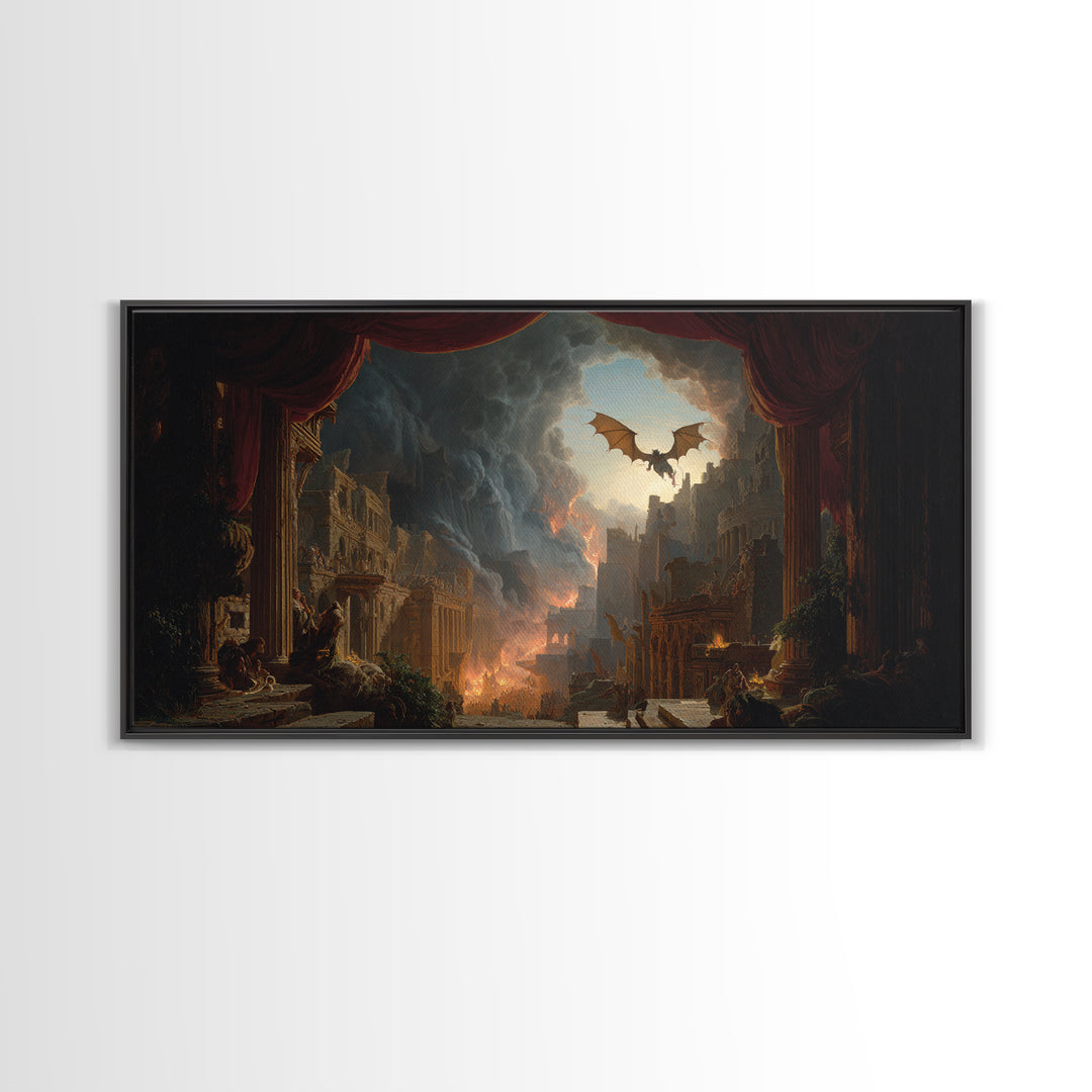 The Bat-Winged Imp, Apocalyptic Romantic Art, Wide Panoramic Art, Gothic Horror Wall Art, Framed Canvas Print, Halloween Wall Art