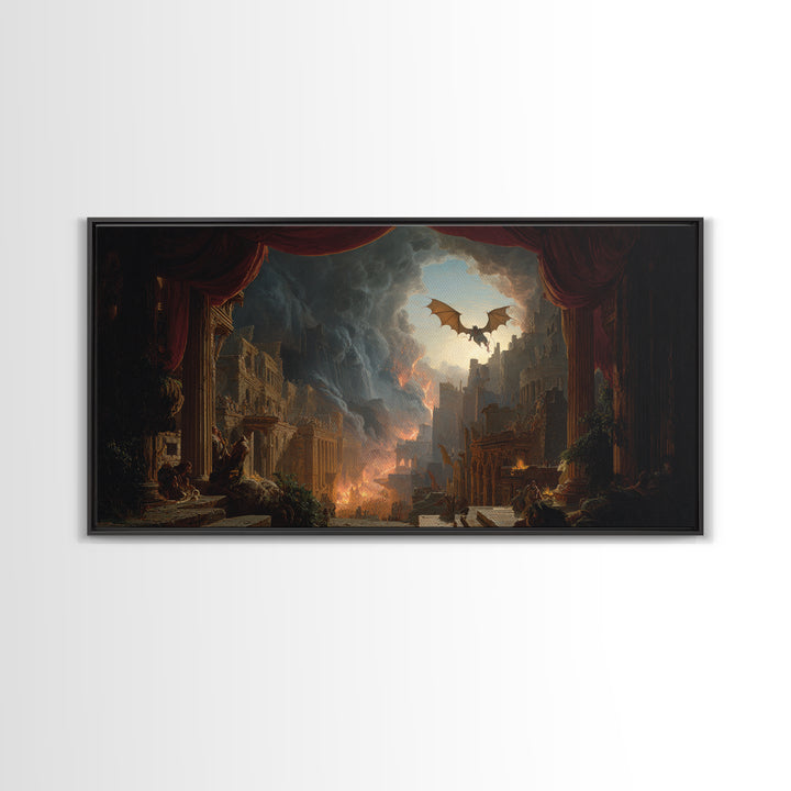 The Bat-Winged Imp, Apocalyptic Romantic Art, Wide Panoramic Art, Gothic Horror Wall Art, Framed Canvas Print, Halloween Wall Art