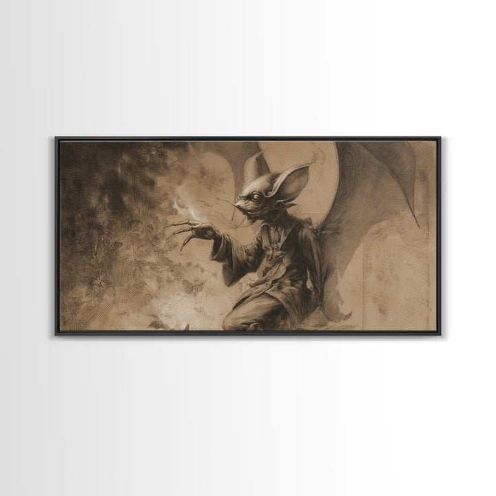 The Bat-Winged Imp, Symbolist Dream Art, Wide Panoramic Art, Dark Halloween Decor, Canvas Print, Halloween Wall Art