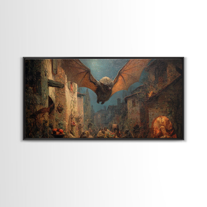 The Bat-Winged Imp, Ornate Symbolist Art, Wide Panoramic Art, Macabre Wall Art, Framed Canvas Print, Halloween Wall Art