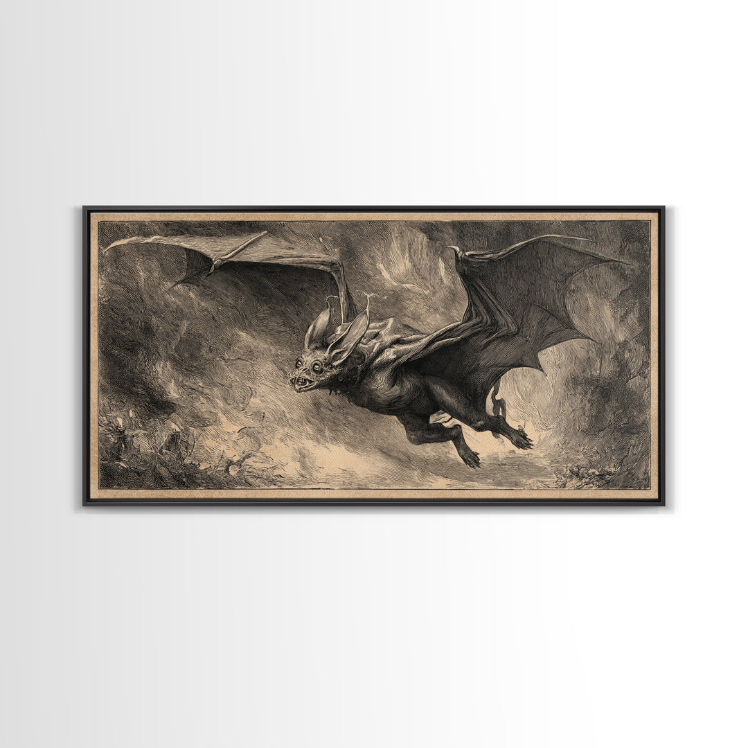 The Bat-Winged Imp, Expressionist Nightmare Art, Wide Panoramic Art, Dark Fantasy Wall Art, Framed Canvas Print, Halloween Wall Art