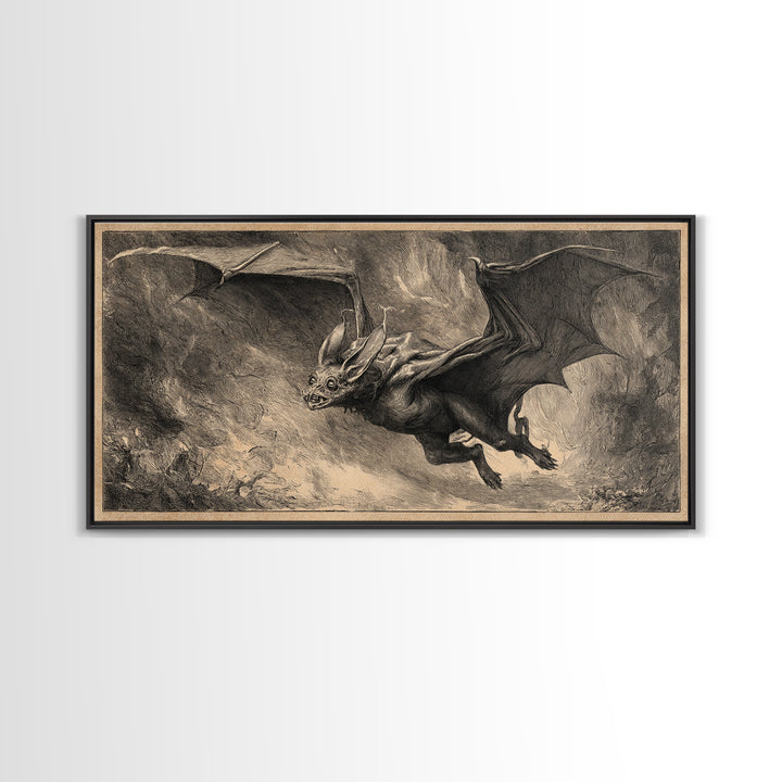The Bat-Winged Imp, Expressionist Nightmare Art, Wide Panoramic Art, Dark Fantasy Wall Art, Framed Canvas Print, Halloween Wall Art