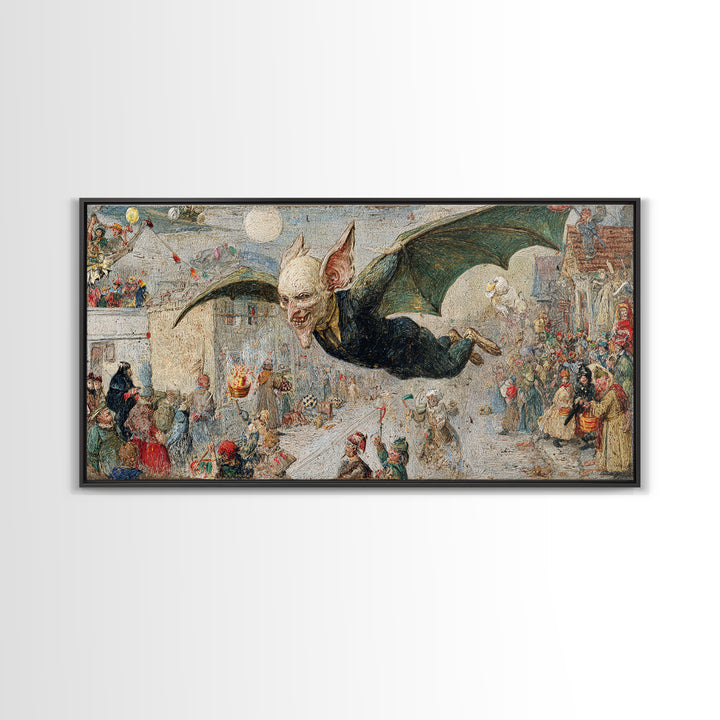 The Bat-Winged Imp, Grotesque Carnival Art, Wide Panoramic Art, Macabre Wall Art, Framed Canvas Print, Halloween Wall Art, Halloween Decor