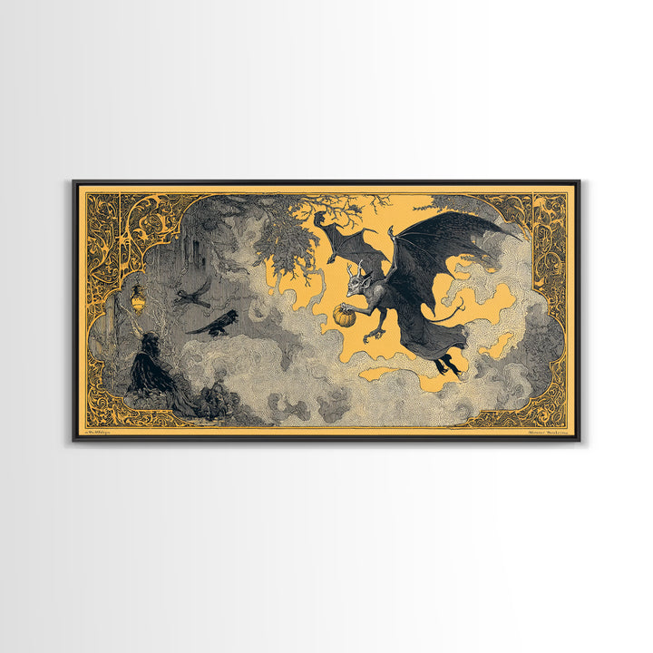 The Bat-Winged Imp, Decadent Line Art, Wide Panoramic Art, Macabre Wall Art, Framed Canvas Print, Halloween Wall Art