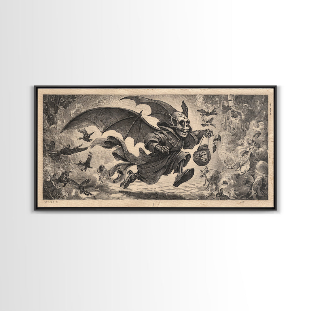The Bat-Winged Imp, Macabre Folk Print Art, Wide Panoramic Art, Dark Halloween Decor, Framed Canvas Print, Halloween Wall Art