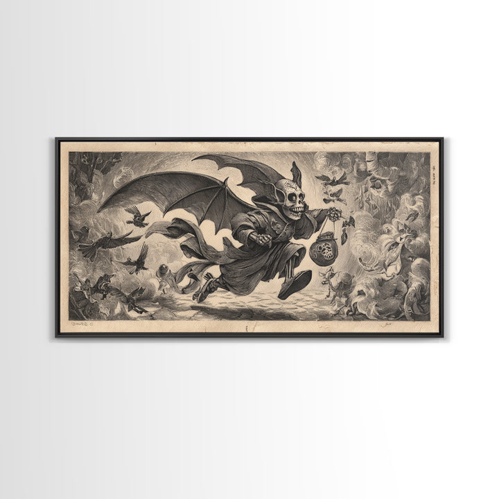 The Bat-Winged Imp, Macabre Folk Print Art, Wide Panoramic Art, Dark Halloween Decor, Framed Canvas Print, Halloween Wall Art