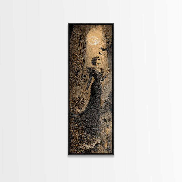 The Spider Queen, Gothic Engraving Art, Tall Narrow Wall Art, Dark Fantasy Wall Art, Framed Canvas Print, Halloween Wall Art