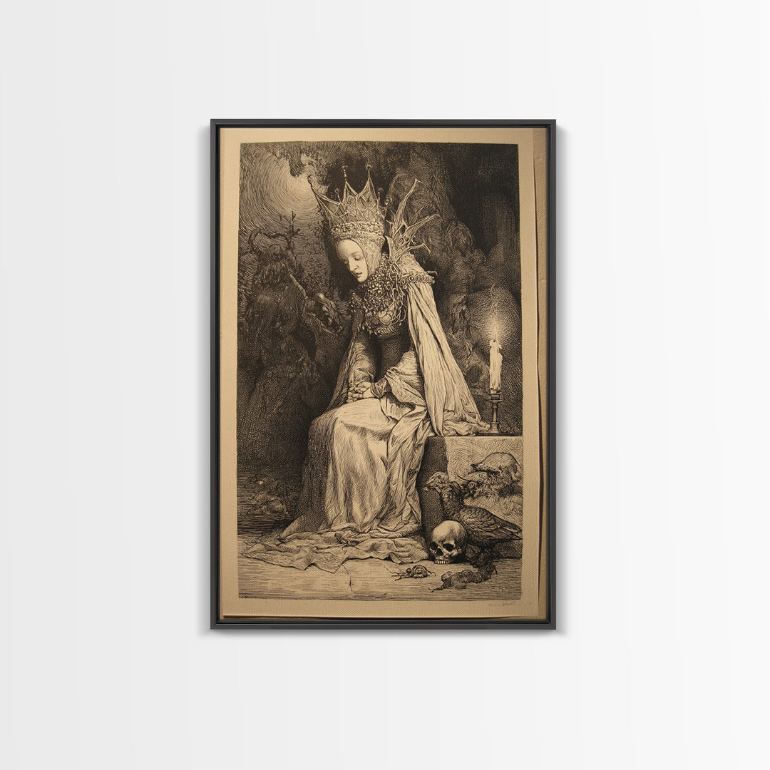 The Spider Queen, Renaissance Engraving Art, Vertical Wall Art, Dark Halloween Decor, Framed Canvas Print, Halloween Wall Art