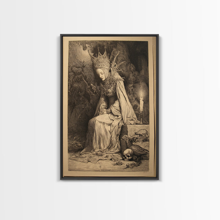 The Spider Queen, Renaissance Engraving Art, Vertical Wall Art, Dark Halloween Decor, Framed Canvas Print, Halloween Wall Art