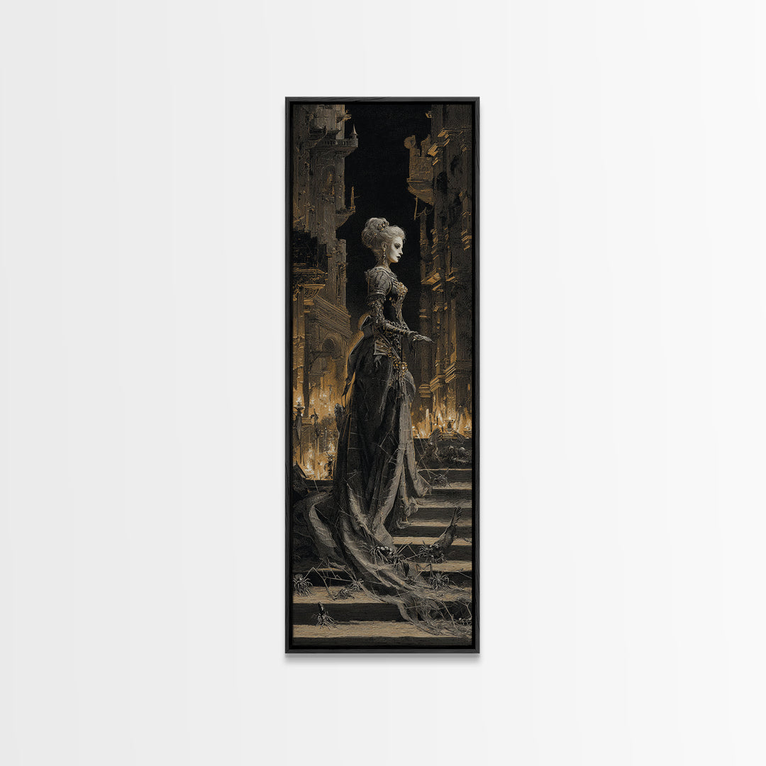 The Spider Queen, Architectural Etching Art, Tall Narrow Wall Art, Dark Fantasy Wall Art, Canvas Print, Halloween Wall Art