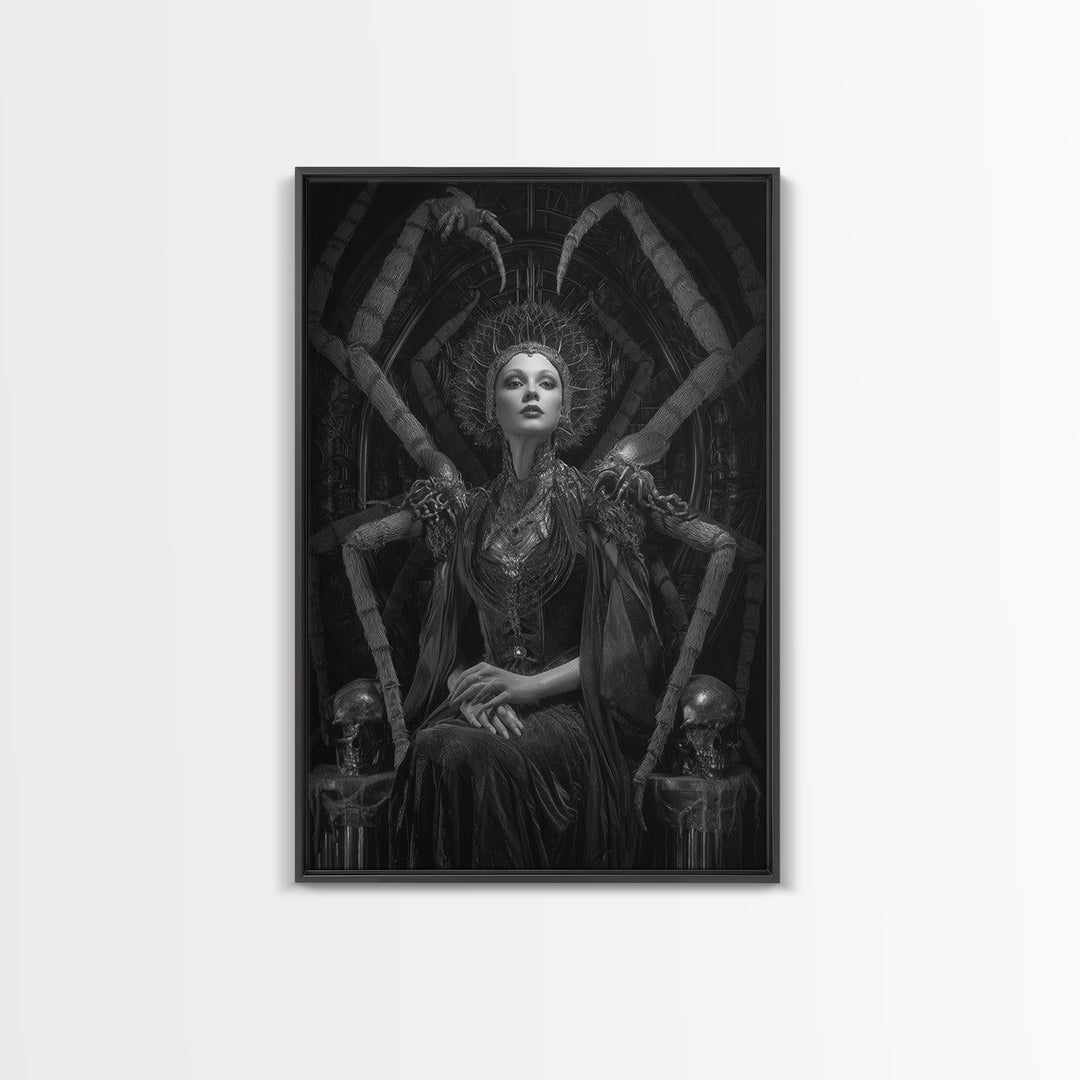 The Spider Queen, Biomechanical Horror Art, Vertical Wall Art, Dark Halloween Decor, Framed Canvas Print, Halloween Wall Art