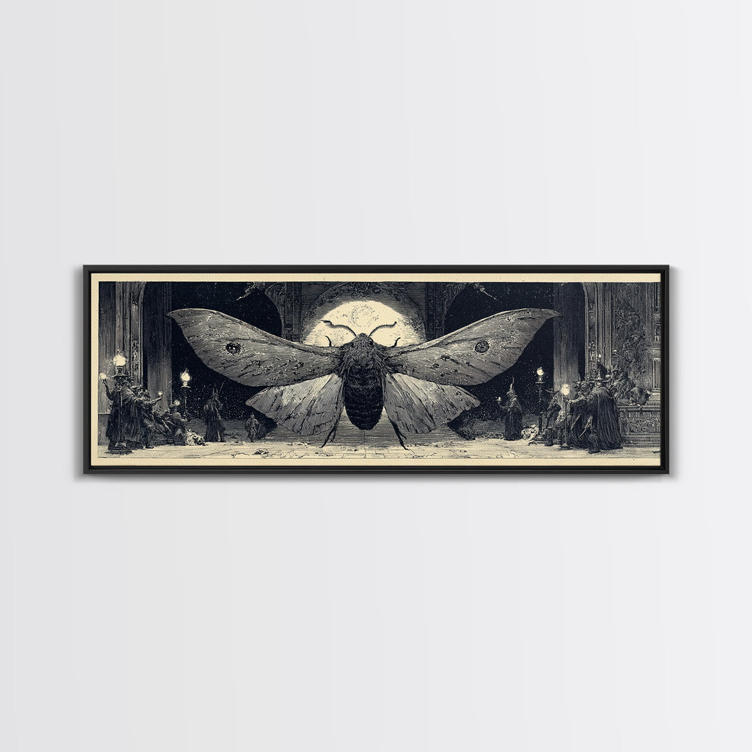 The Red-Eyed Moth Creature, Renaissance Engraving Art, Extra Wide Wall Art, Dark Halloween Decor, Canvas Print, Halloween Wall Art