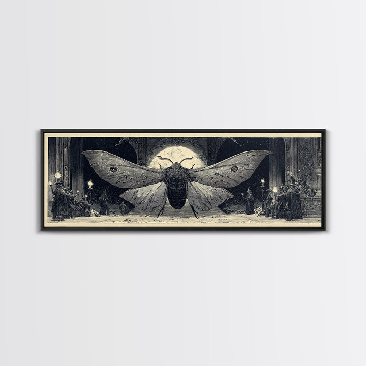 The Red-Eyed Moth Creature, Renaissance Engraving Art, Extra Wide Wall Art, Dark Halloween Decor, Canvas Print, Halloween Wall Art