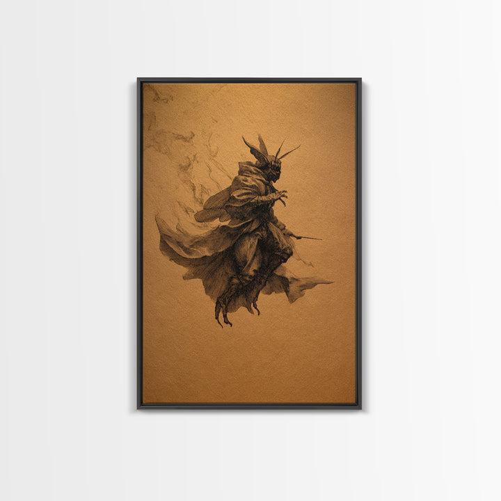 The Red-Eyed Moth Creature, Baroque Witchcraft Art, Vertical Wall Art, Dark Halloween Decor, Canvas Print, Halloween Wall Art