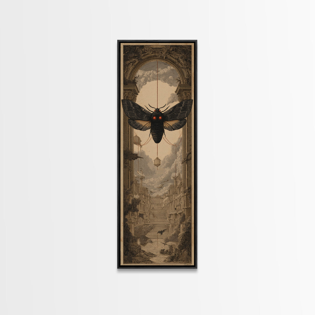 The Red-Eyed Moth Creature, Architectural Etching Art, Tall Narrow Wall Art, Macabre Wall Art, Canvas Print, Horror Wall Art