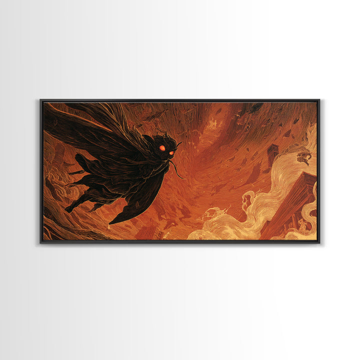 The Red-Eyed Moth Creature, Apocalyptic Romantic Art, Wide Panoramic Art, Macabre Wall Art, Canvas Print, Halloween Wall Art