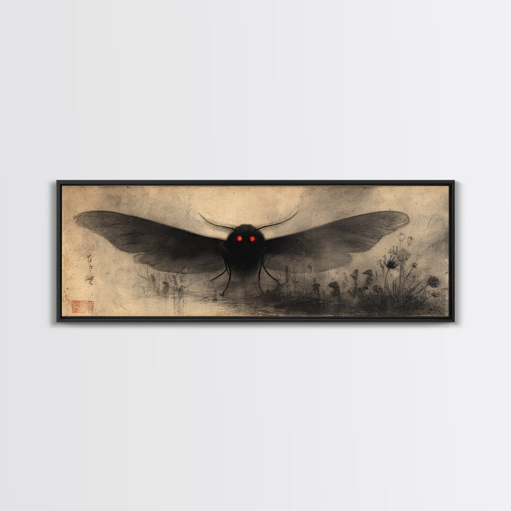 The Red-Eyed Moth Creature, Symbolist Dream Art, Extra Wide Wall Art, Gothic Horror Wall Art, Framed Canvas Print, Halloween Wall Art