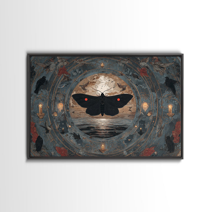 The Red-Eyed Moth Creature, Symbolist Gothic Landscape, Landscape Wall Art, Dark Halloween Decor, Framed Canvas Print, Halloween Wall Art